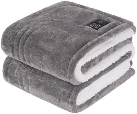 Sealy Heated Blanket Throw with Built-in Button Controller, Reversible Flannel to Sherpa Electric Blanket with 2-10 Hours Auto-Off &amp; 4 Heating Levels, Over-Heat Protection, 50x60 inch, Light Grey
