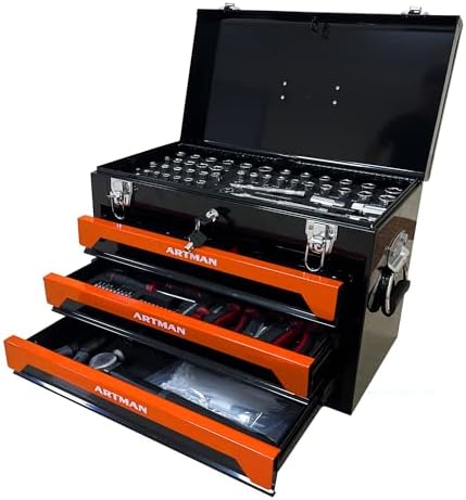 TIOPLY Tool Box Including 439 Pieces of Mechanics Tool Kit, 4-Drawer High Capacity Tool Chest, Lockable Home Repair Tool Storage Organizer with Sliding Drawers for Garage,Orange