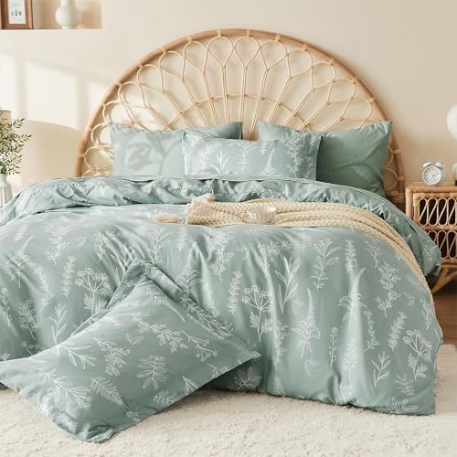 MUXHOMO Duvet Cover Queen Size, Reversible Floral Green Duvet Cover Set with Zipper Closure, 3 Pieces Botanical Patterns Soft Microfiber Bedding Set with 4 Ties (90&#34;x90&#34;, 2 Pillow Cases)