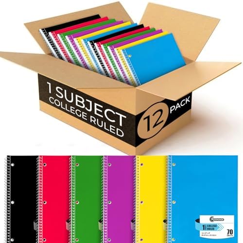 Rosmonde Spiral Notebook, 12 pack, 1 theme, university grid, 70 sheets, 8 x 10-1/2 inches, 3-hole punch, loose university grid spiral notebook, suitable for schools, single subject spiral notebook loo