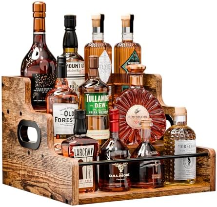 KLM Liquor Bottle Display Shelf, Coffee Syrup Rack Organizer, 3 Step Countertop Wine Rack, Mini Bar, Retro Bar Shelf Stand for Whiskey, Spirits