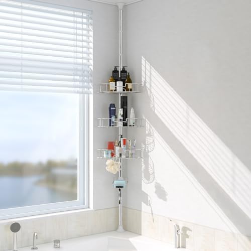 BsBsBest Shower Organizer Caddy - 39-125&#34; Stainless Steel Shower Shelves Rack - Adjustable Organization And Storage Head Holder - Rustproof Tension Pole - Silver