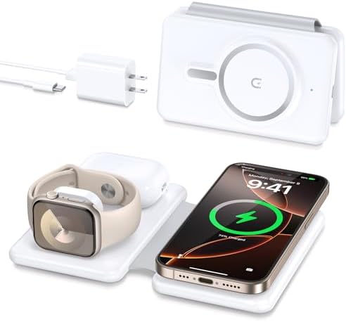 Magnetic Wireless Charger for iPhone: 3 in 1 Travel Charging Station for Apple Devices for iPhone 16 15 14 13 12 Pro Max Plus - Foldable Charging Pad for Apple Watch Series &amp; Airpods 4 3 2 Pro