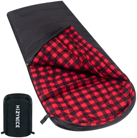 HiZYNICE 0 degree sleeping bag made of 100% pure cotton flannel XXL, adult size extended, cold weather, winter camping at zero degree, free compression bag
