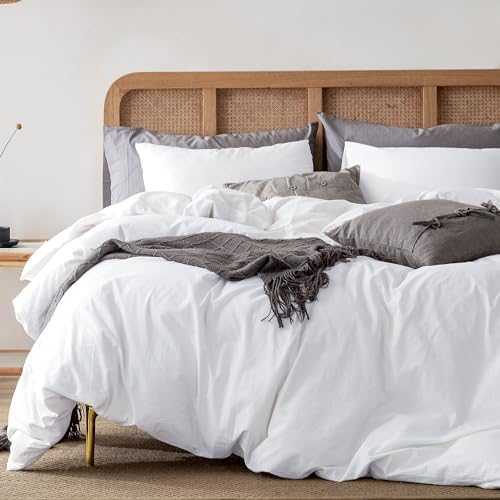 ATsense Duvet Cover Queen Size, 100% Washed Cotton Linen Feel Super Soft Comfortable, 3-Piece White Duvet Cover Bedding Set, Long-Lasting and Easy Care, Simple Style Farmhouse Comforter Cover