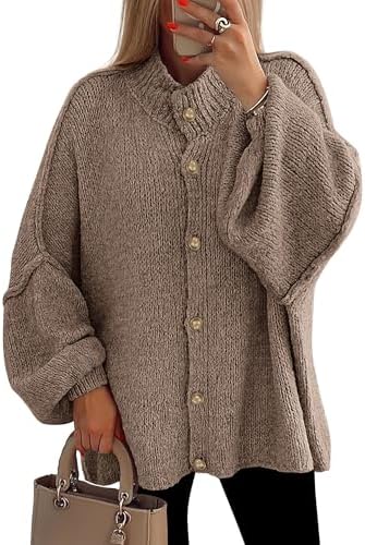 PRETTYGARDEN Women's Winter Buckle Cardigan Sweater Enterprise Collar Lantern Long Sleeve Coarse Knitted Jacket Fashion Coat